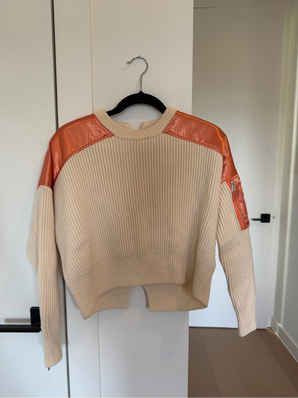 Maje Cream Ribbed Sweater with Orange Shoulder Panels